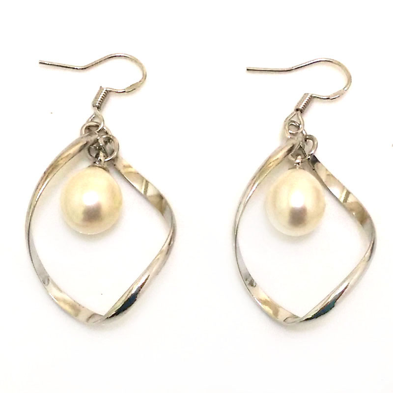 9-10mm Natural White Drop Pearl 925 Sterling Silver Dangle Earring
