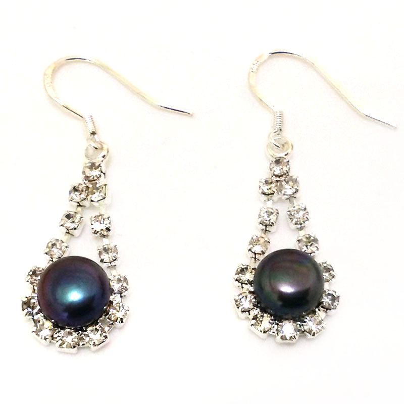 1.5 inches 8-9mm Black Natural Button Pearl Earring with with 925 Silver Hook