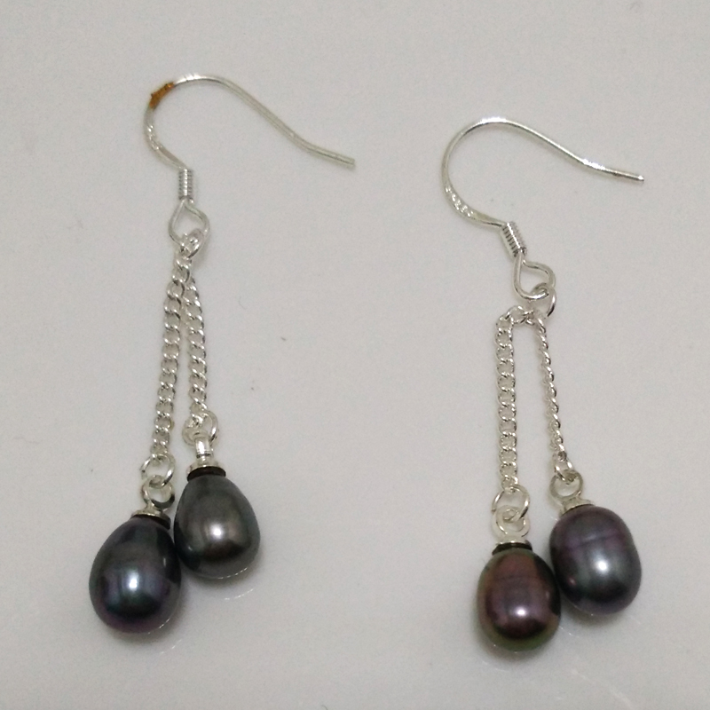 7-8mm Double Black Pearl Drop Earring with with 925 Silver Hook