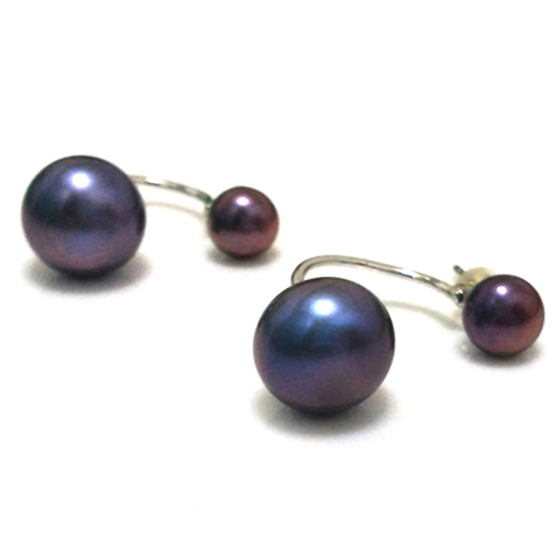 7mm & 10mm 925 Silver Black Button Double Sided Pearl Earring
