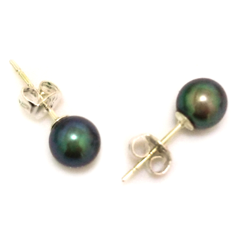 6-7mm AAA Peacock Round Akoya Pearl Stud Earring,Sold by Pair