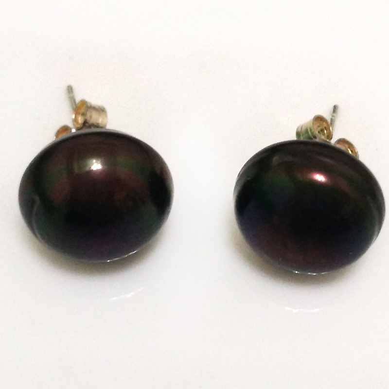 12-13mm Black Button Pearl Stud Earring,Sold by Pair