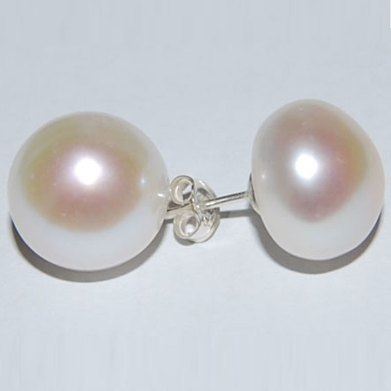 14-15mm White Button Pearl Stud Earring,Sold by Pair