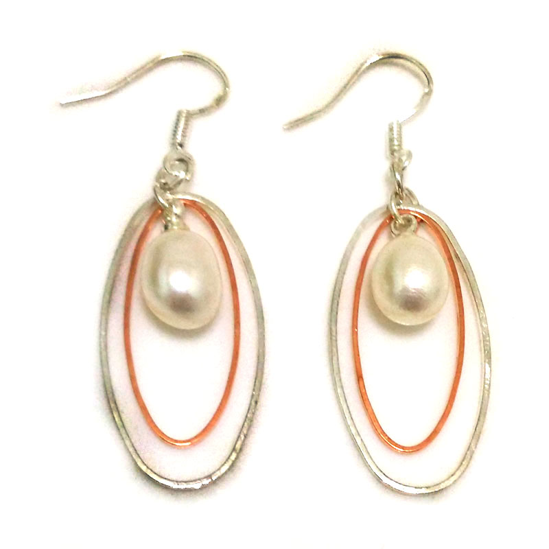 1.5 inches 7-8mm Double Ring Raindrop Pearl Earring with 925 Silver Hook