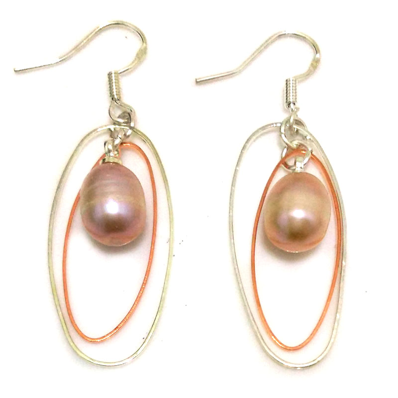 1.5 inches 7-8mm Double Ring Lavender Raindrop Pearl Earring with 925 Silver Hook