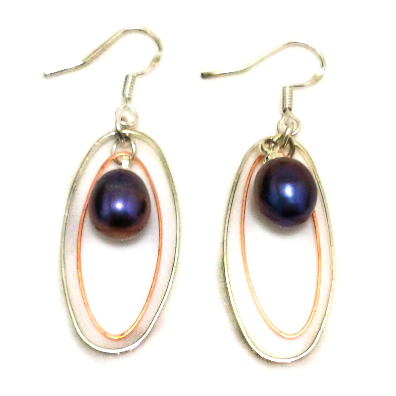 1.5 inches 7-8mm Double Ring Black Raindrop Pearl Earring with 925 Silver Hook