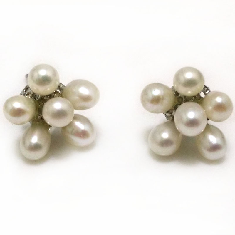 4-5mm Natural White Rice Pearl Flower Style Silver Stud Earring,Sold by Pair