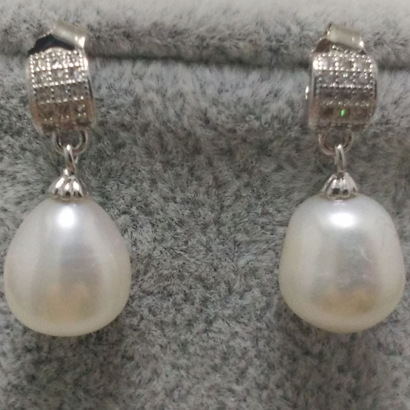 9-10mm Natural White Raindrop Pearl Dangle Earring with 925 Silver Stud