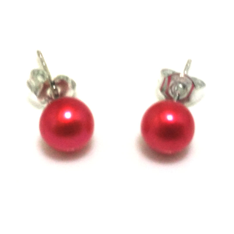 Red Round Natural Pearl Earring with 925 Silver Stud