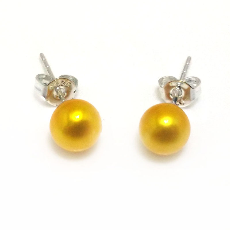 Yellow Round Pearl Earring with 925 Silver Stud