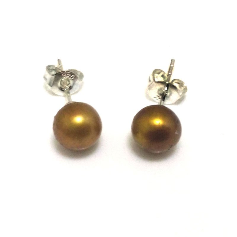 Coffee Round Pearl Earring with 925 Silver Stud