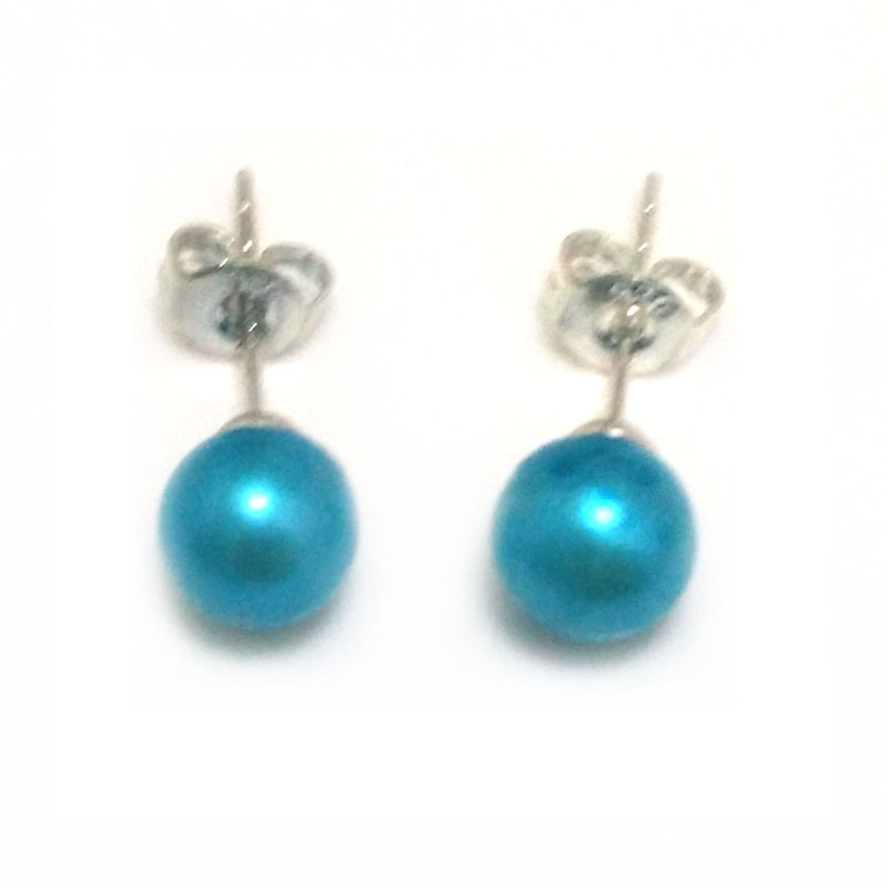 Bright Blue Round Pearl Earring with 925 Silver Stud