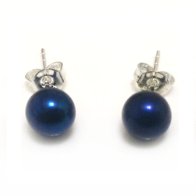 Dark Blue Round Pearl Earring with 925 Silver Stud