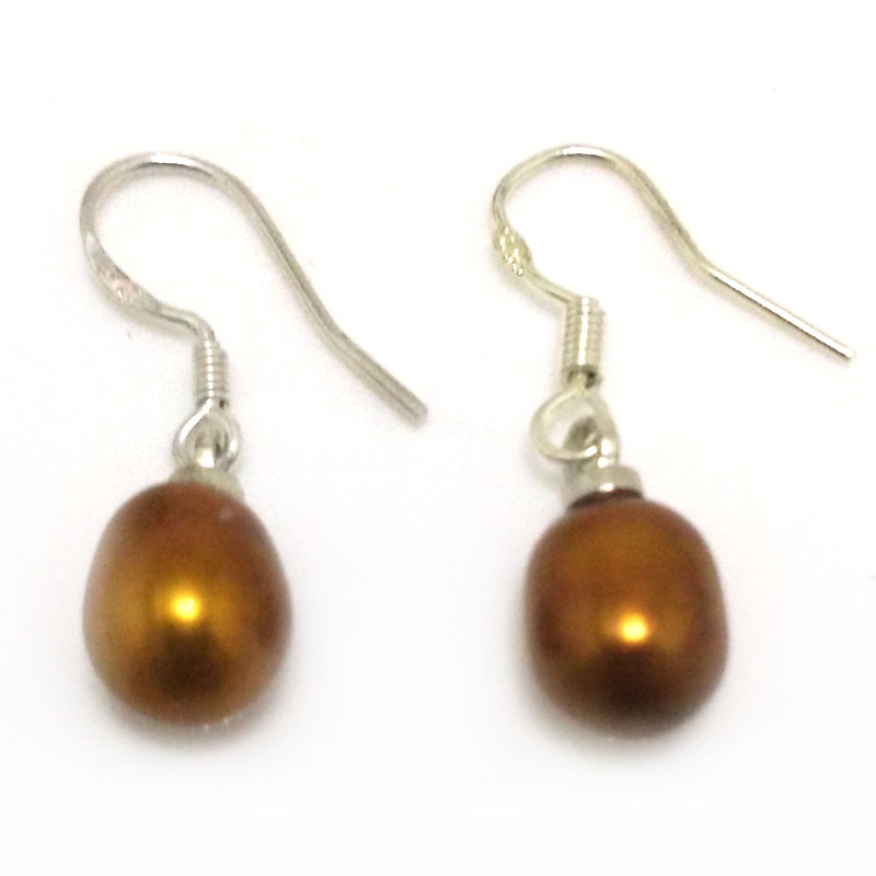7-8mm Coffee Natural Drop Pearl Earring with 925 Silver Hook