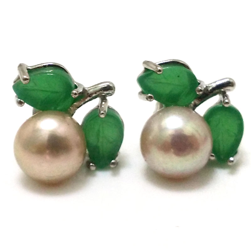 8-9mm AAA Lavender Button Pearl Stud Earring with Jade Leaf