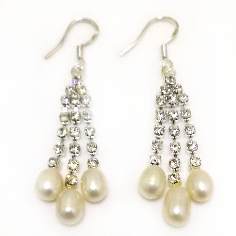 6-7mm Natural White Raindrop Pearl Zirconia Chandelier 925 Silver Earring