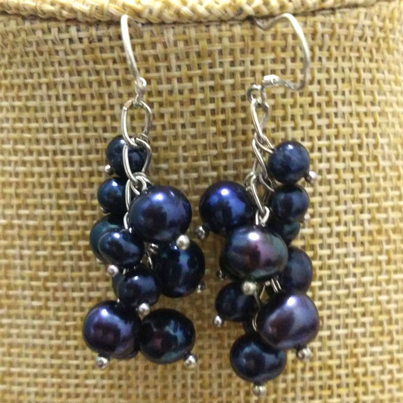 Grape Style 5-6 mm Black Natural Round Pearl 925 Silver Drop Earring