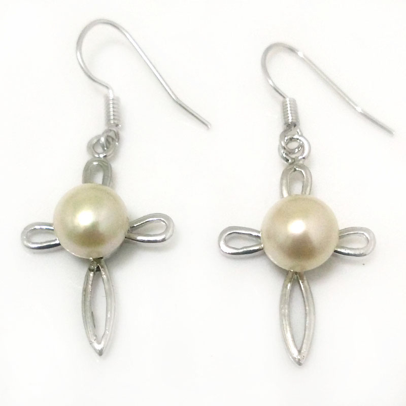 8-9mm Natural White Button Pearl Cross Style 925 Hook Earring