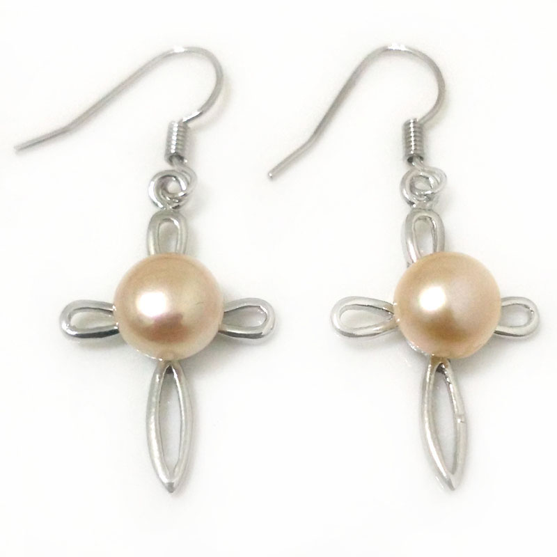 8-9mm Natural Pink Button Pearl Cross Style 925 Hook Earring