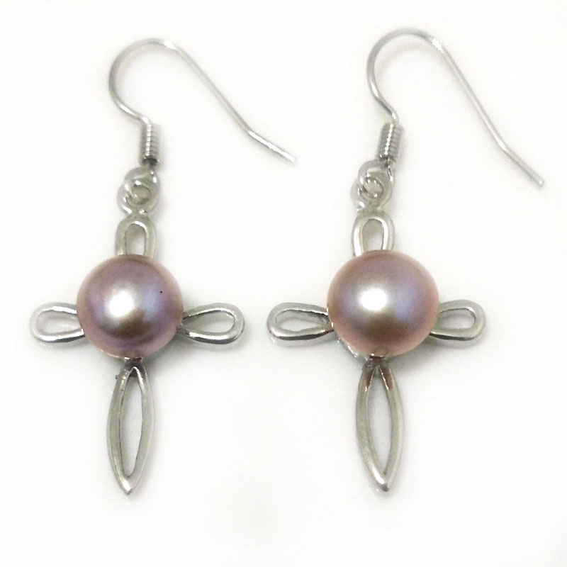 8-9mm Natural Lavender Button Pearl Cross Style Hook Earring