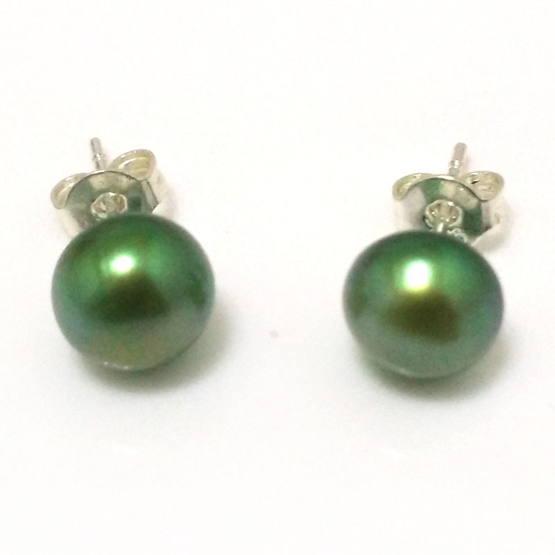 8-9mm Dark Green Natural Freshwater Button Pearl Stud Earring