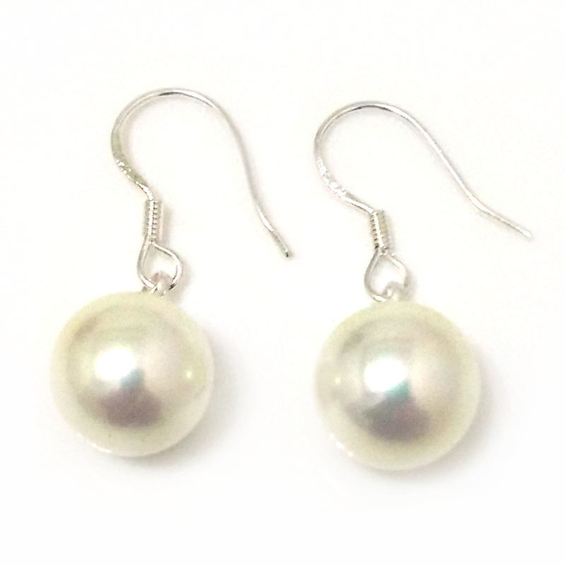 Wholesale 10-11mm Shiny White Round Shell Pearl 925 Silver Earring