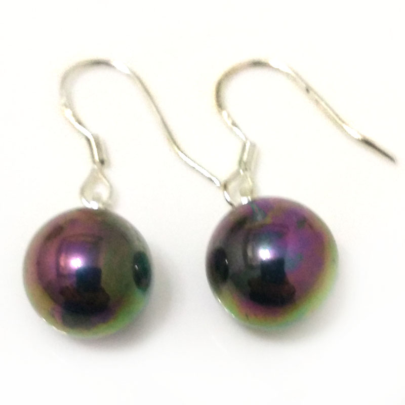 Wholesale 10-11mm Shiny Black Round Shell Pearl 925 Silver Earring