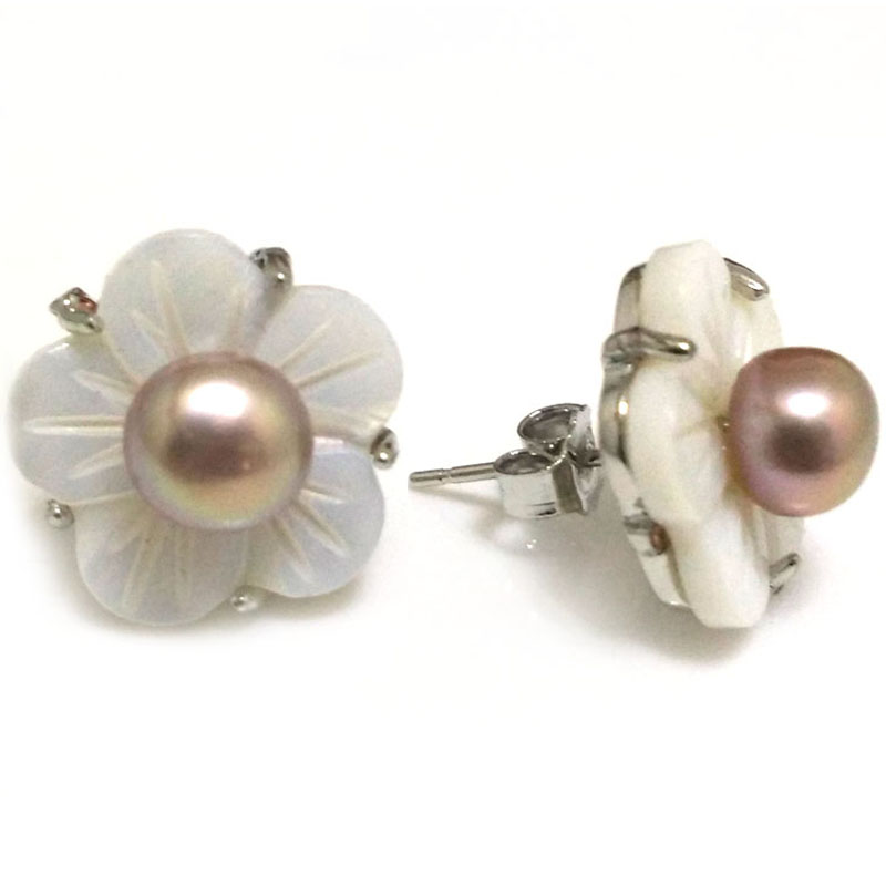 ½ inches 6-7mm Lavender Button Pearl Natural Shell Flower 925 Silver Stud Earring