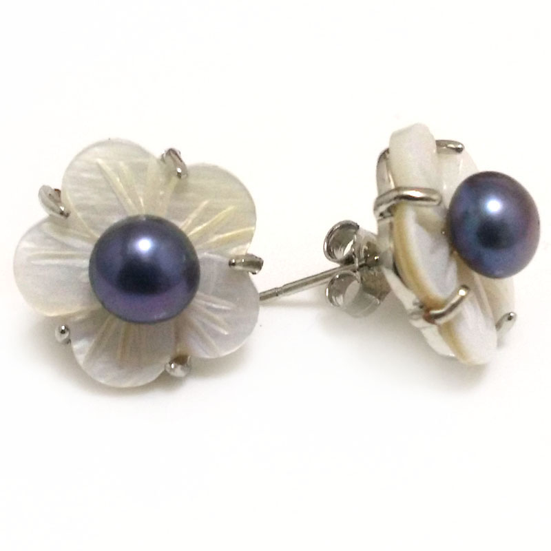 ½ inches 6-7mm Black Button Pearl Natural Shell Flower 925 Silver Stud Earring