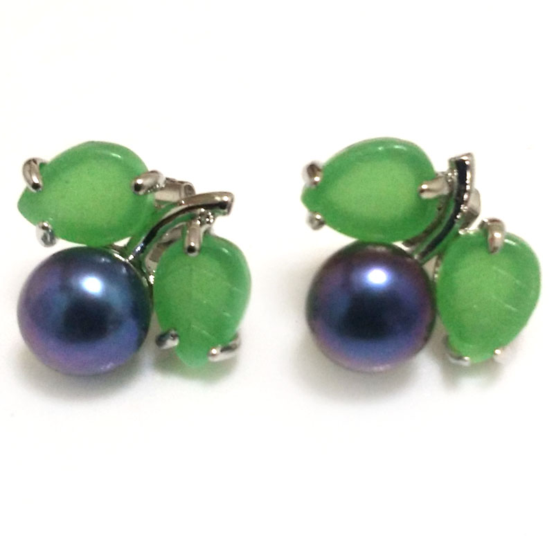 8-9mm AAA Black Button Pearl Stud Earring with Green Jade Leaf