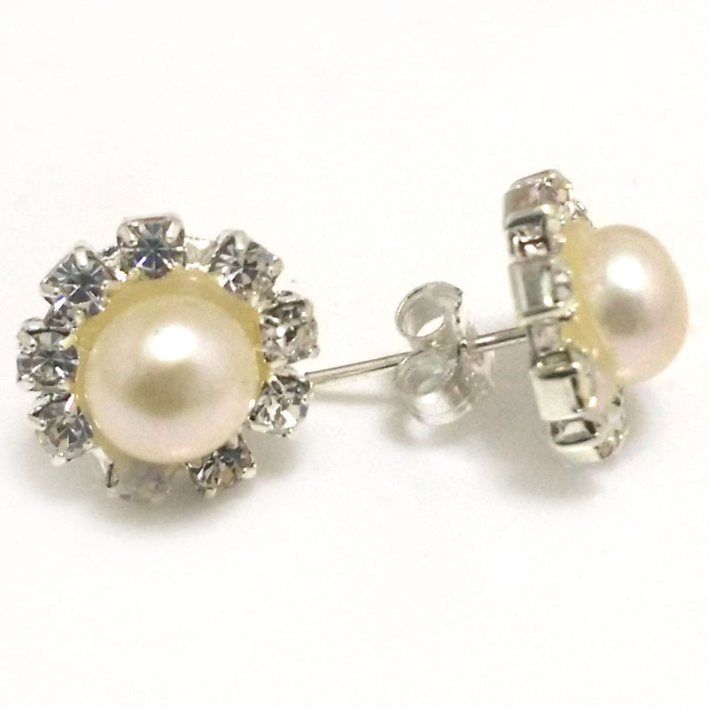 8-9mm Natural White Button Pearl Zirconia Stud Earring
