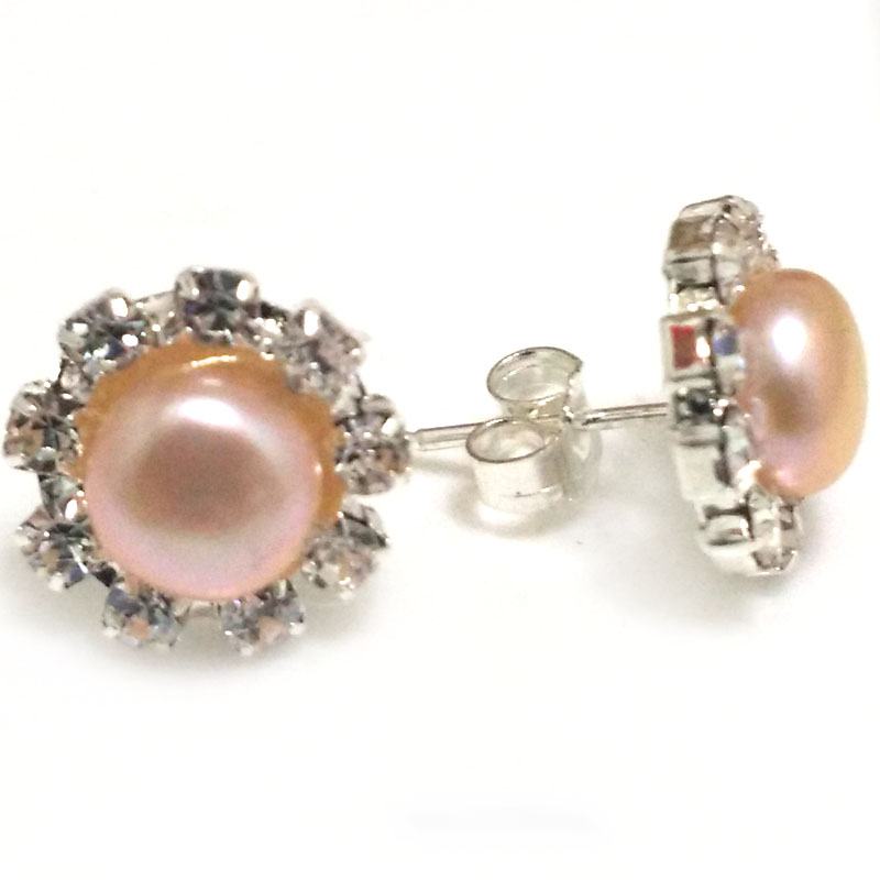 8-9mm Natural Pink Button Pearl Zirconia Stud Earring