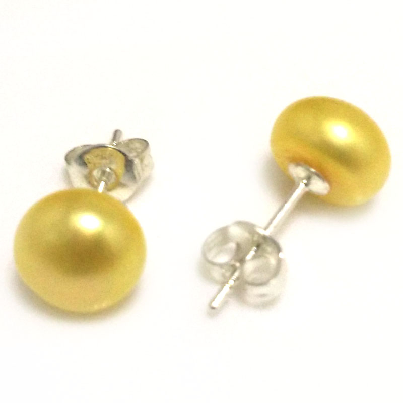 8-9mm Yellow Natural Freshwater Button Pearl Stud Earring