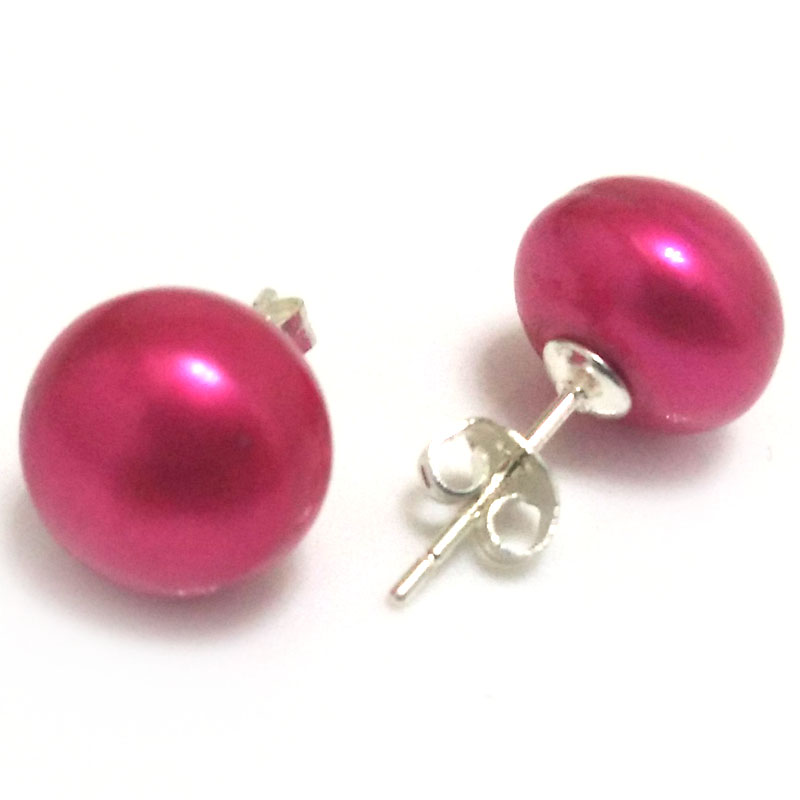 11-12mm Red Natural Freshwater Button Pearl Stud Earring