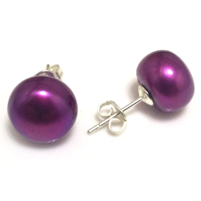 11-12mm Violet Natural Freshwater Button Pearl Stud Earring