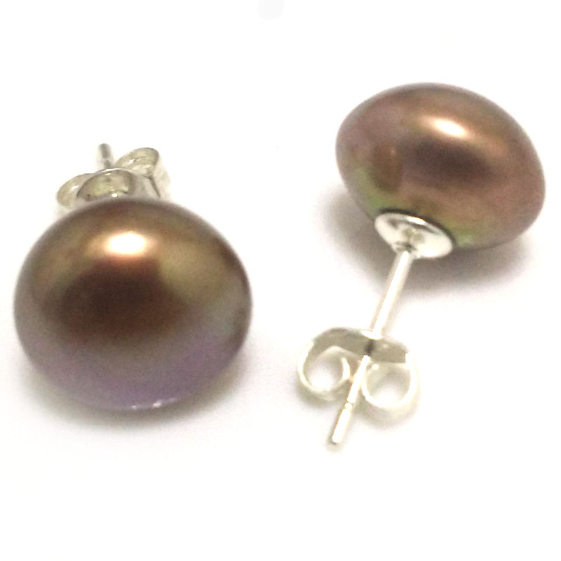 11-12mm Coffee Natural Freshwater Button Pearl Stud Earring