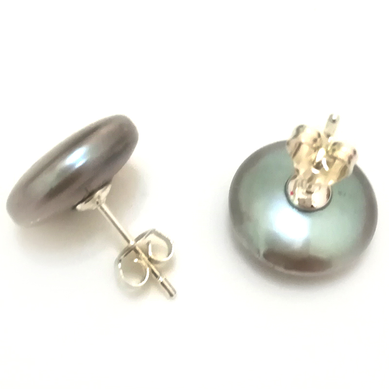 13-15mm Silver Gray Natural Button Pearl 925 Silver Earring