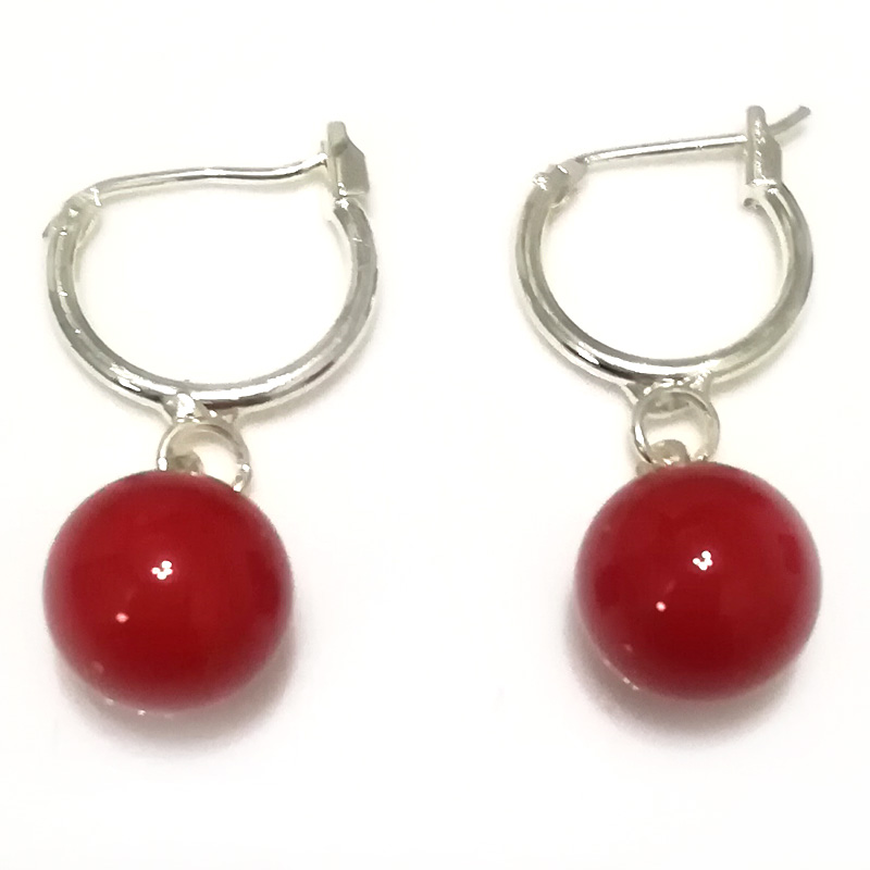 10-11mm Shiny Red Round Shell Pearl Sterling Silver Leverback Earring
