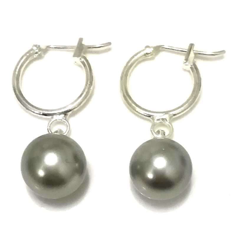 10-11mm Shiny Silver Round Shell Pearl Sterling Silver Leverback Earring