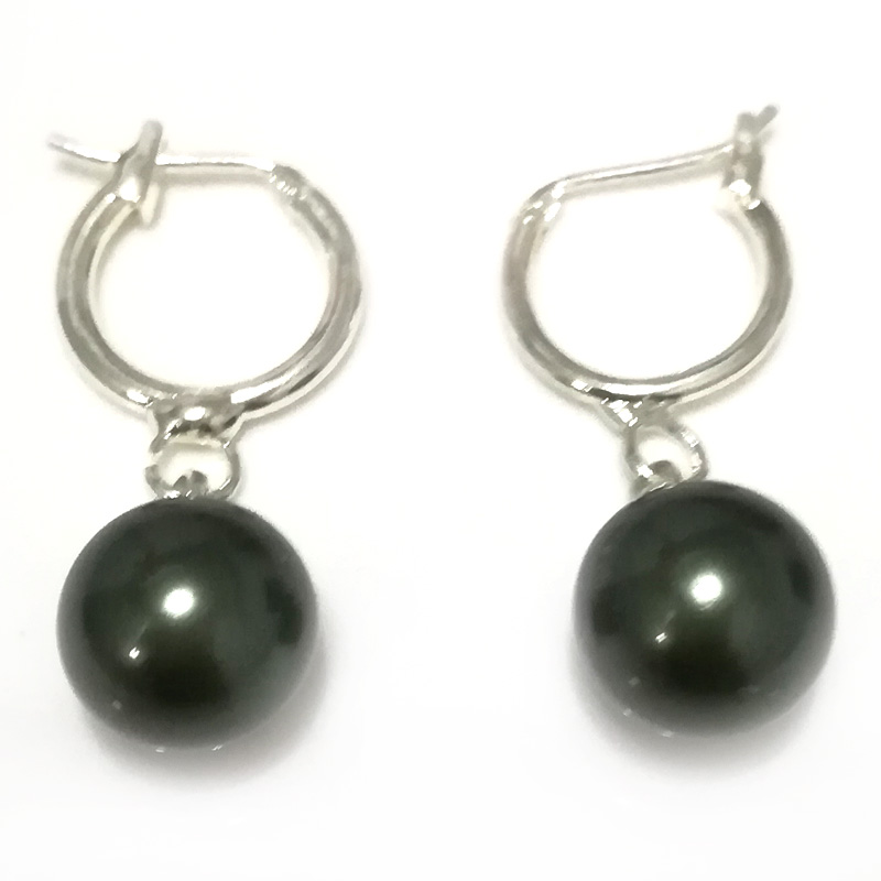 10-11mm Shiny Black Round Shell Pearl Sterling Silver Leverback Earring