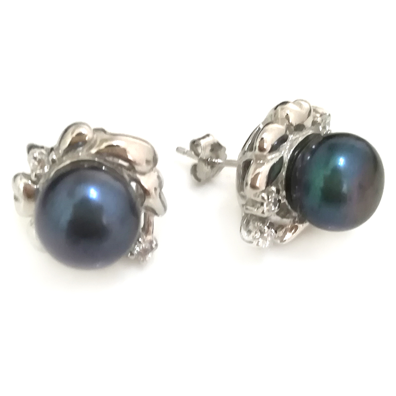 9-10mm AAA Black Natural Button Pearl 925 Sterling Stud Earring