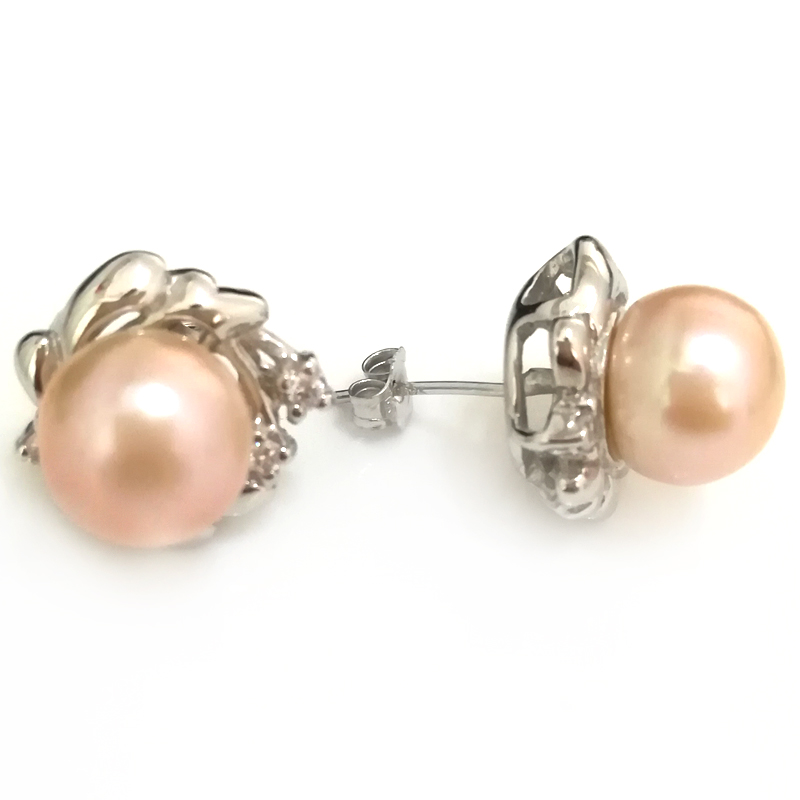 9-10mm AAA Natural Pink Button Pearl 925 Sterling Stud Earring