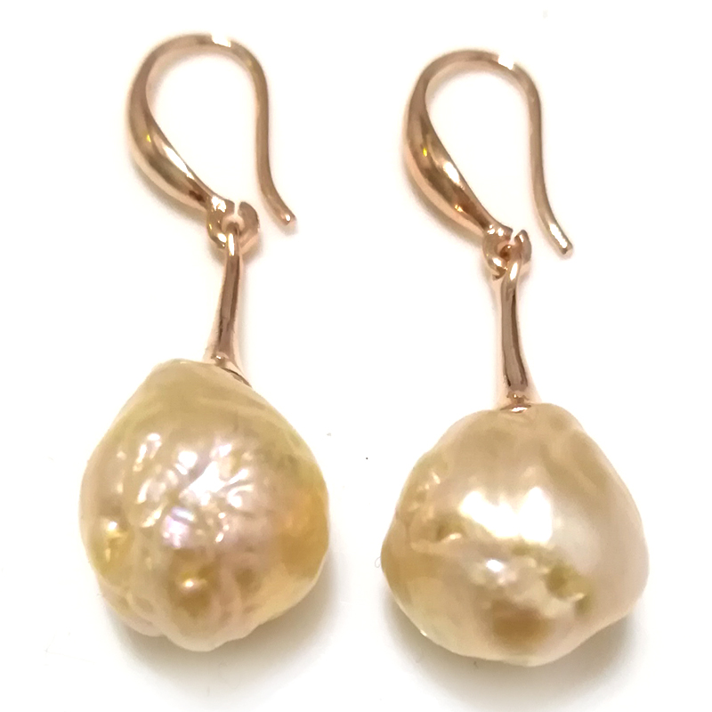 11-12mm AAA Natural Pink High Luster Baroque Pearl Yellow Gold Filled Earring