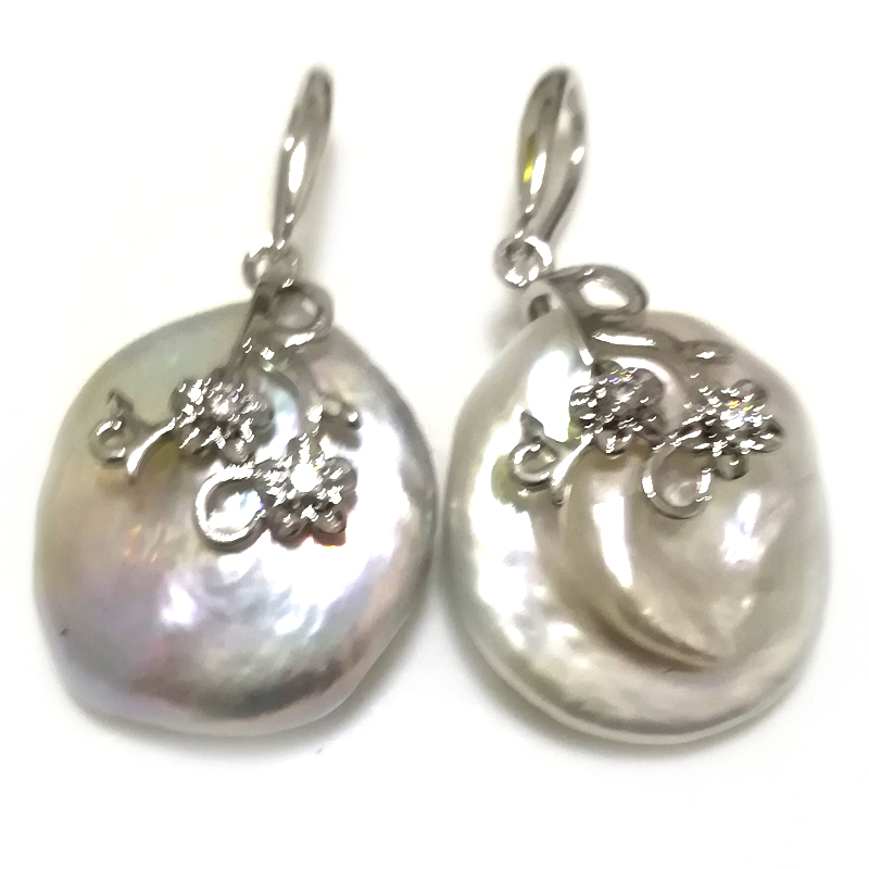 20-25mm AAA Natural White High Luster Baroque Coin Pearl 925 Silver Hook Earring