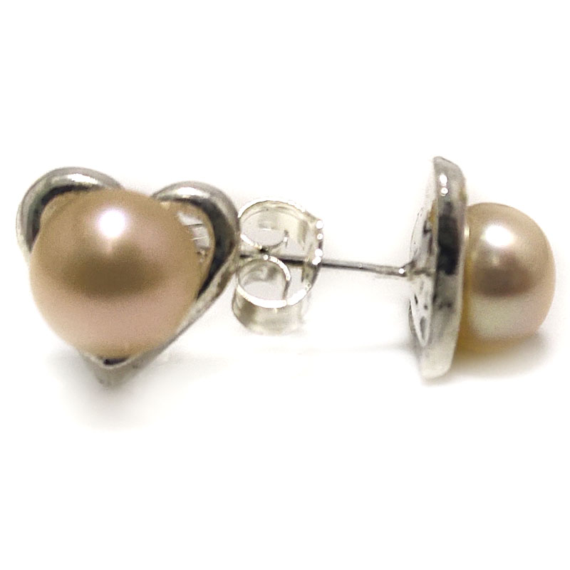 6-7mm Pink Button Pearl 925 Sterling Silver Heart Style Earring