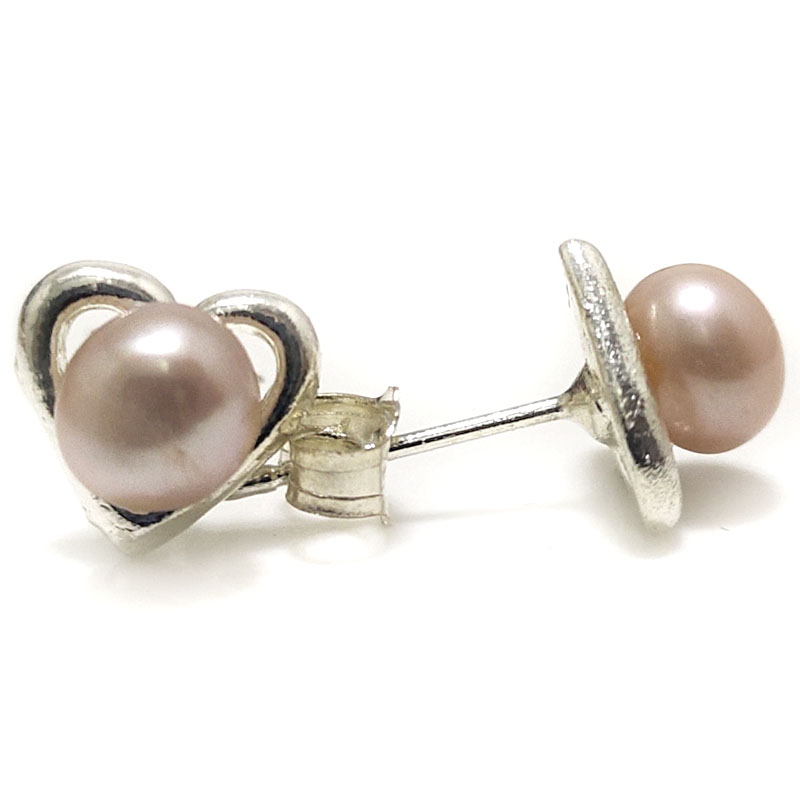6-7mm Lavender Button Pearl 925 Sterling Silver Heart Style Earring