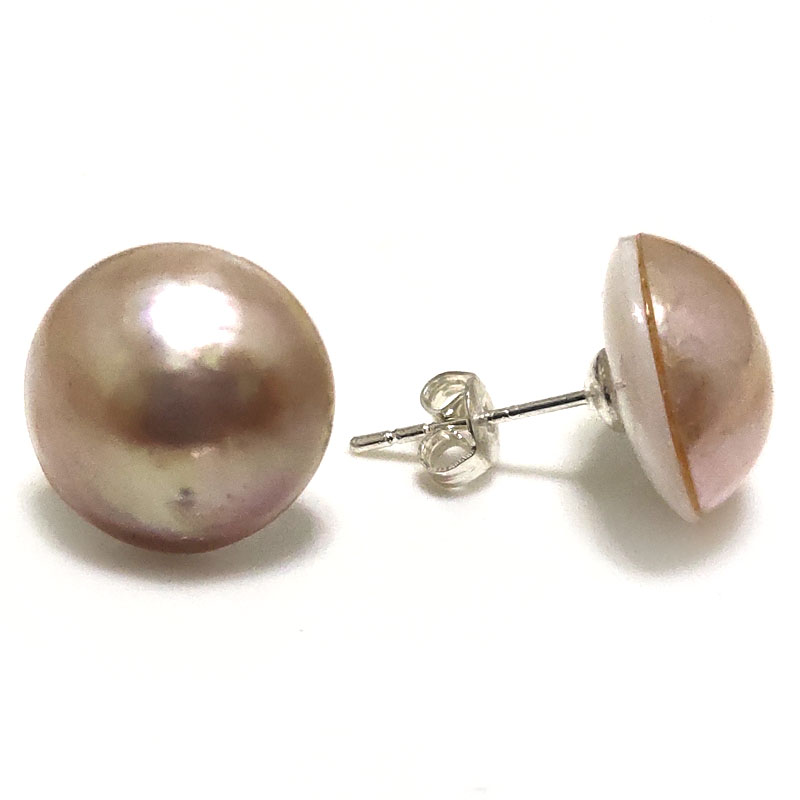 14-15mm Natural Pink Mabe Pearl Earring with 925 Sterling Silver Stud