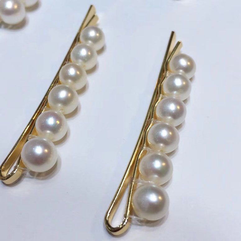 2 inches 6-7mm Natural White Round Pearl Yellow Gold Filled Hair Clip