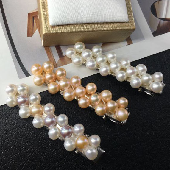 7-8mm Natural Round Freshwater Pearl Gold Filled Handmade Hair Clip