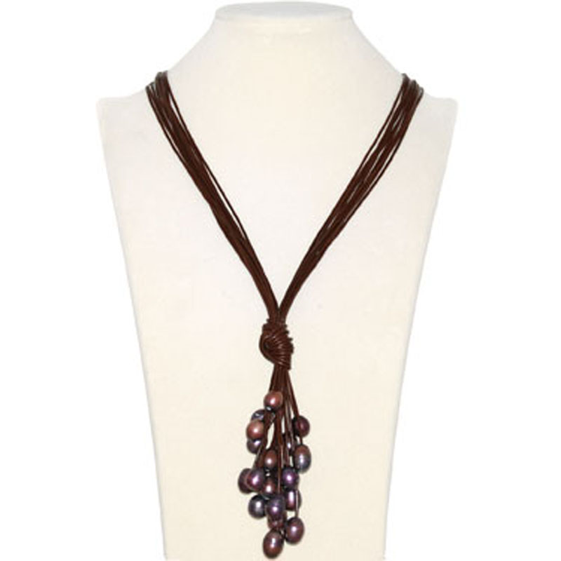 36 inches 10 Rows Brown Leather 11-12mm Brown Pearl Necklace